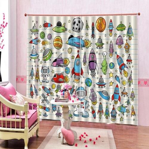 Cartoon Rockets Planets Shower Curtains Space Background Childrens room Curtains For Home Decor