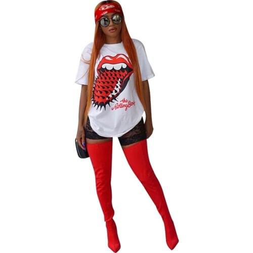 2020 New Causal Women Summer Short Sleeve T-shirt Hip Pop Red Tongue Printing Female Irregular Top Streetwear
