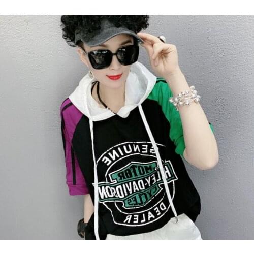Summer New Korea Fashion Women Short Sleeve Loose T-shirt All-matched Casual Print Patchwork Tee Shirt Femme Cotton Tops
