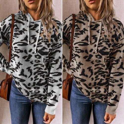 Womens Fashion Casual Leopard Print Drawstring Hooded Long Sleeve Knit Sweater