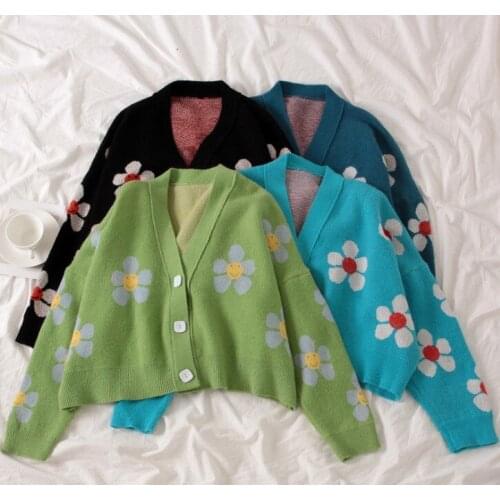 2020 Winter New Women Long Sleeve Flower Print Loose Cardigans Sweaters Fashion V Neck Casual Kintted Sweater Coat
