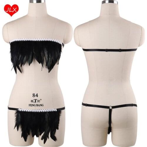 Women Sexy Black Goth Feather Body Harness Lingerie Set Rave Wear Harness Bra And Bottom G-string Fetish Bondage Panties