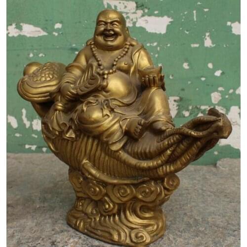 13" Chinese Bronze Happy Laugh Maitreya Buddha Hold Fan YuanBao On Ruyi Statue