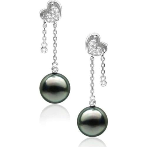 Free Shipping AAA Black Green Real Tahitian Sea Cultured Pearl Diamond Earrings 18K White Gold