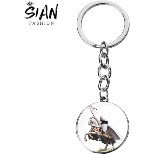 SIAN Knights Templar Theme Series Keychain White Shield Horse Glass Photo G Masonic Freemason Printed Long Key Chain Mens Gifts