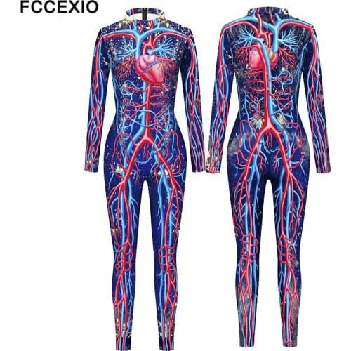FCCEXIO The Whole body Trachea 3D Print Sexy Bodysuits Women Plus Size Long Sleeve Cosplay New Party Special Jumpsuits