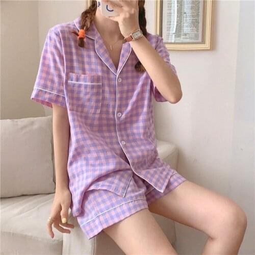 Kawaii Purple Grid Girls Pajamas Set Korean Sweet Summer New Short Sleeve Leisure Sleepwear Women Loose Nightwear Homewear Suit