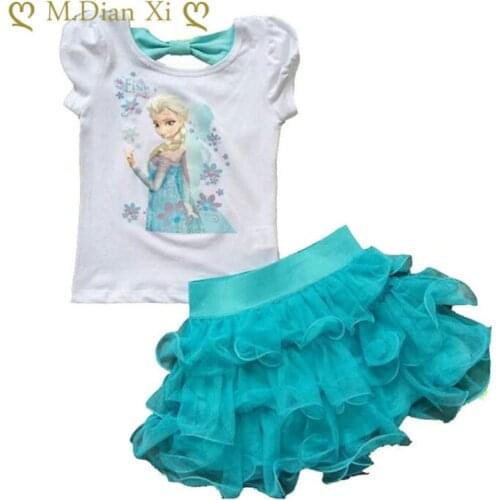 Brand Baby Kid Clothes Princess Anna Elsa Girls Princess Elsa Dress + T Shirt 2 Pcs Set 3-8Age Sky Blue Layered Tutu Dress Sets