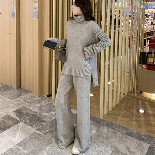 Sweater Set Women Tracksuit Spring Autumn Knitted Suits 2 Piece Set warm Turtleneck Sweater Pullovers wide Legs Pants 578J