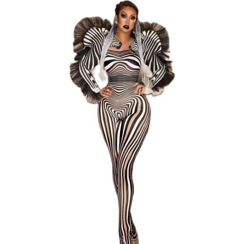 Animal Cosplay Costumes Zebra Printed Jumpsuits Women Exaggerated Stage Show Bodysuit Halloween Masquerade Party Outfit
