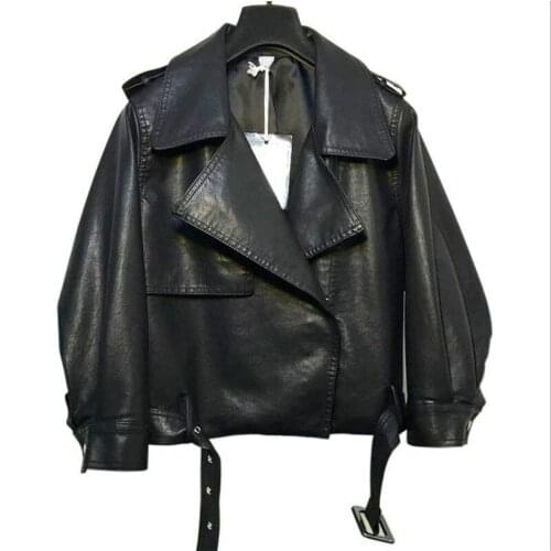 Women Loose Black PU Leather Jacket Spring Long Sleeve Short Girls Jacket Motorcycle Fashion Streetwear Faux Leather Coat Female