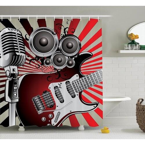 Music Decor Shower Curtain Music Old Fashioned Speaker Loudspeaker Geometrical Striped Bath Curtain With Hooks For Bathroom