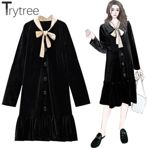 Trytree Autumn Winter Velvet Womens Dress Casual Bow Collar Single Breasted Ruffles Hem A-line Office Lady Knee-Length Dress