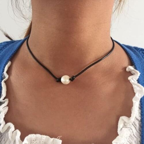 Genuine Leather Fresh Water Pearl Choker Sweet Necklace