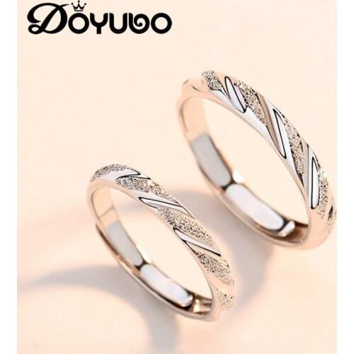 DOYUBO S925 Pure Silver Couple rings Korean Fashion Simple Plain Ring Creative Frosted Open ring For Men And Women Wedding VB471