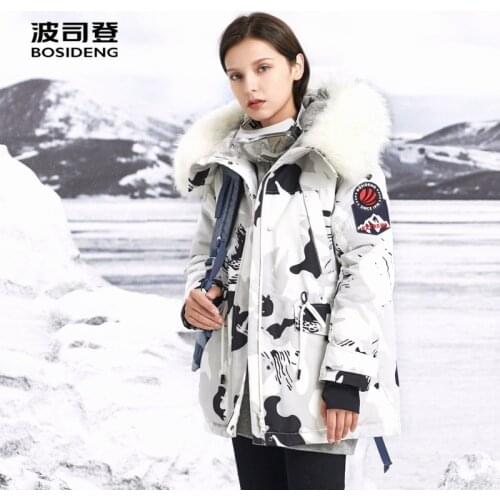 BOSIDENG Down jacket for womens middle and long style goose down jacket real fur collar white fur B90142030