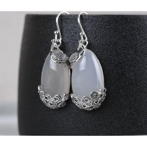 FNJ 925 Silver Earrings Original S925 Sterling Silver Drop Earring for Women Jewelry Peacock White Chalcedony Green Agate