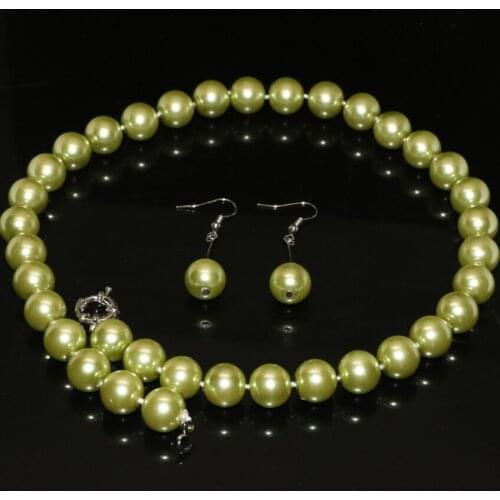 Light green round 12mm simulated-pearl shell beads necklace earrings for women high grade unique design jewelry set 18inch B2325