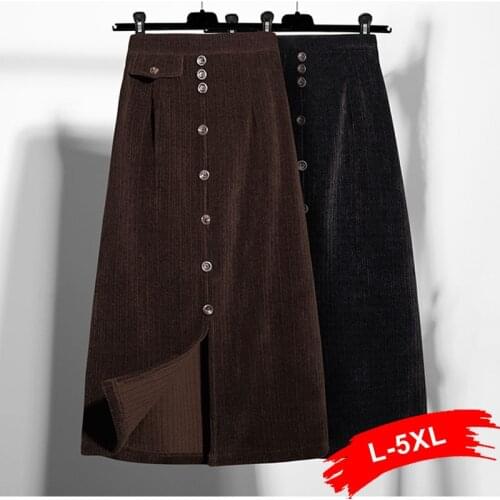 Plus Size Office Lady Button Up Brown Mid Length A-line Skirts 5XL Fall Vintage Hight Waist Split Casual Classic Medieval Skirt