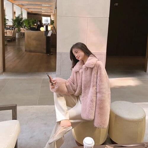 2021 Autumn Winter Women Loose Imitation Rabbit Fur Jacket Lady Solid Thick Button Warm Outerwear Female Casual Plush Coat M351