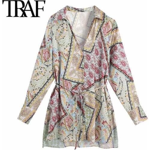 TRAF Women Fashion With Belt Totem Print Kaftan Blouses Vintage Long Sleeve Side Vents Female Shirts Blusas Chic Tops