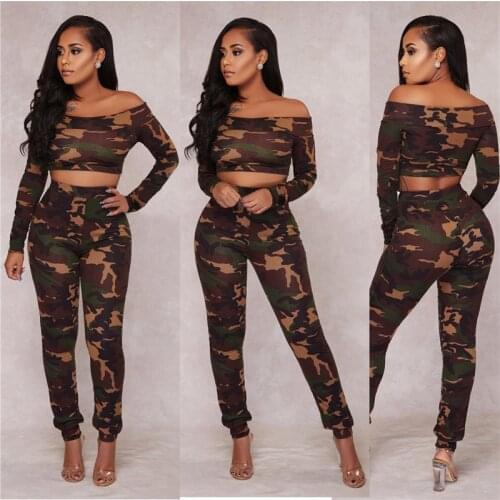 Women Camouflage Print Off Shoulder Long Sleeve T-shirts Crop Tops + Jogger Pants Suit Two Piece Set Sport Tracksuit Outfits