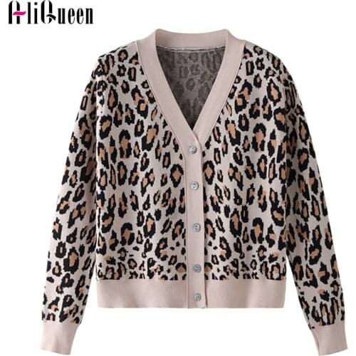 2020 Vintage Leopard Print Women Knitted Cardigan Sweater V-neck Buttons Short Cardigan Jumper Casual Female Tops Ladies Outwear