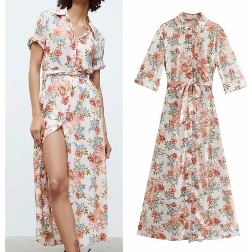 Za 2021 Floral Dress Woman Print Long Summer Dresses Women Short Sleeve Midi Shirt Dress Button Up Casual Elegant Dresses