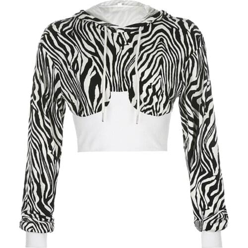 Women Long Sleeve Drawstring Hoodies Harajuku Zebra Stripe Print Patchwork Crop Top Ribbed Elastic Waist Slim Sweatshirt