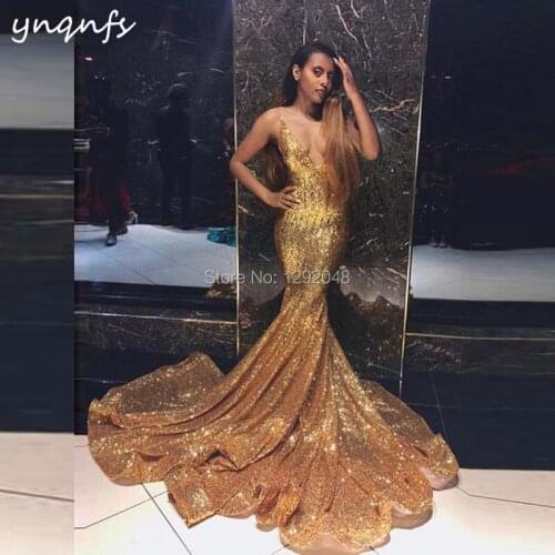 YNQNFS P69 Long Train Deep V Neck Sparkling Sequin Gown Gold Evening Party 2019 Sexy Mermaid Prom Dress