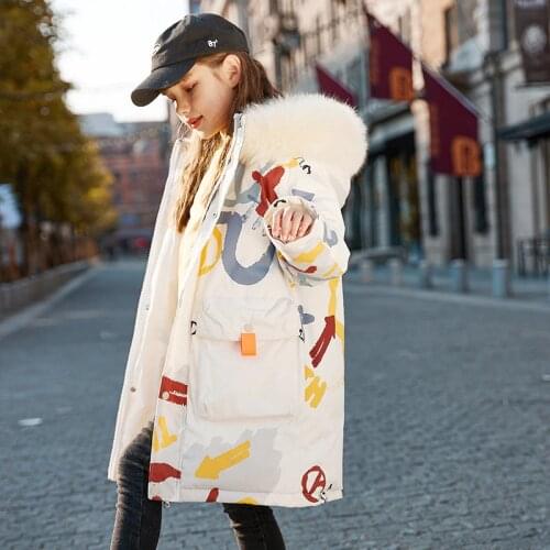 Winter Girls Clothes 10 12 years Warm Down Jackets Fashion Print Real Fur Hoodie Teen Girls Outerwear