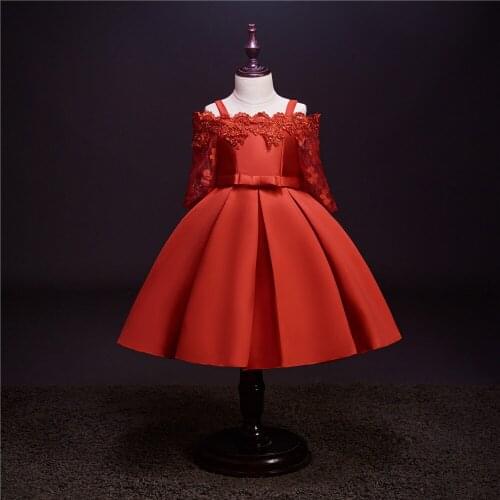 2020 new girls princess skirt word shoulder strap dress lace hollow long-sleeved dress twill satin embroidered