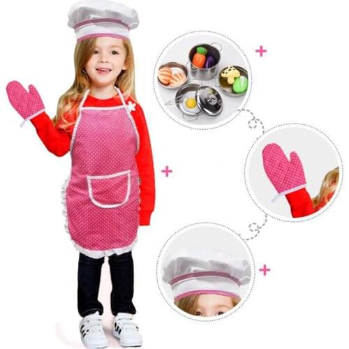 4pcs Child Chef Dress Up Clothes Kids Cooking And Baking Set Apron Gloves Hat Chef Kitchen Play House Toy