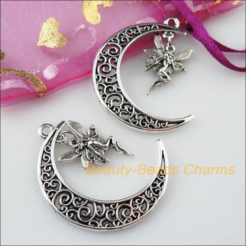 6Pcs Tibetan Silver Color Dancing Angel Moon Charms Pendants 30x41mm
