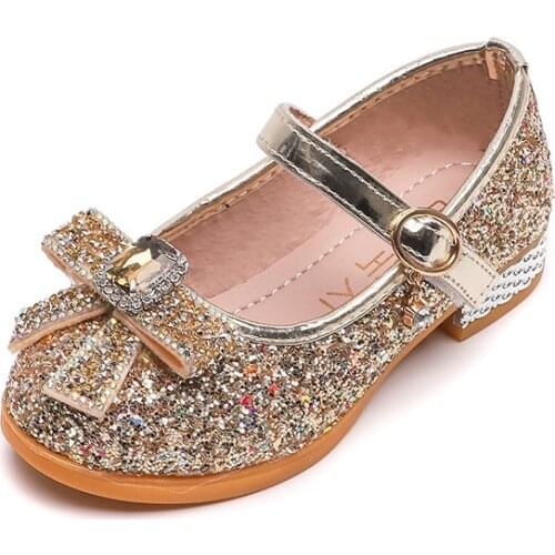 Shiny Princess Shoes Heel Girls PU Leather Blue Pink Gold Sliver Butterfly Glitter Evening Dress Up Party Heels Shoe Girl Child