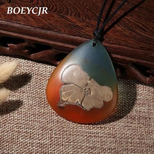 BOEYCJR Wood Resin Water Drop Shape Long Necklace Ethnic Jewelry Vintage Design Handmade Statement Necklace For Women or Men