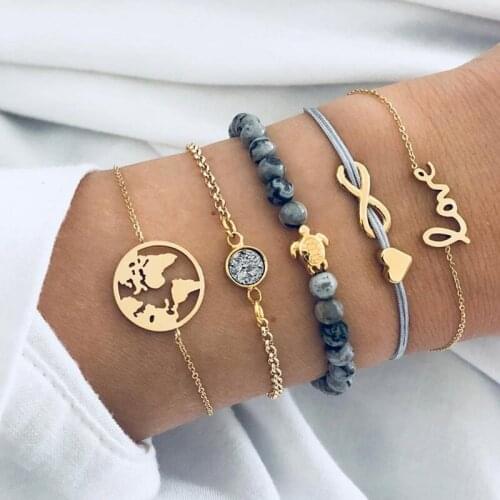 Boho 5Pcs/Set Punk Turtle Map Heart Letter Love Crystal Beads Chain Multilayer Pendant Gold Bracelet Set Charm Girl Jewelry Gift