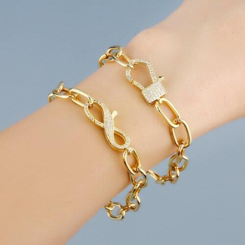 Hip-hop style paved white cz jewelry gold lock pendant connector big link bracelet for unisex woman man unique gift 2021