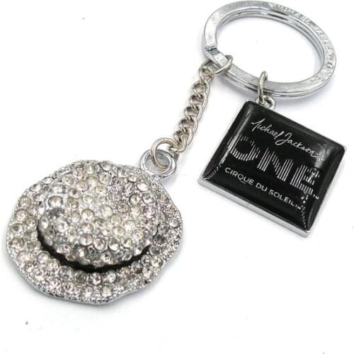 Personalized Keychain Commemorate King of Pop Michael Jackson MJ Hat with crystal and Logo Stereo Metal keychain fashion jewerly