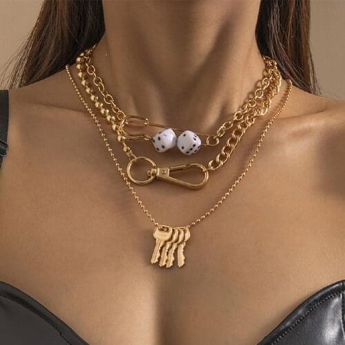 Cosysail 3Pcs/set Paper Clip Chain Dice Necklaces Multilayer Key Pendant Necklace Set for Female Punk Gothic Jewelry Accessory