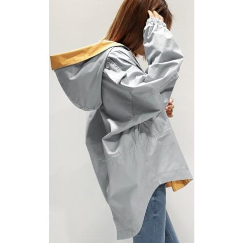 Spring Autumn Korean Cute Short Hooded Girls Coat Plus Size Grey Trench Coat for Women Loose Long Sleeve Thin Windbreaker Female