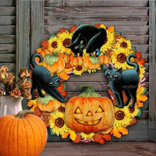 Halloween Fall Pumpkin Wreath Door Hanging Cat Wooden Front Door Wreath Decorations Autumns Sunflower Welcome Door Hanging