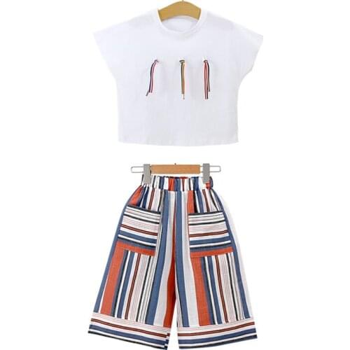 Girls Cotton T-Shirt Wide Leg Pants Set Girls Summer Loose T-Shirt Shorts Set Girls fashion T-shirt striped pants two-piece suit