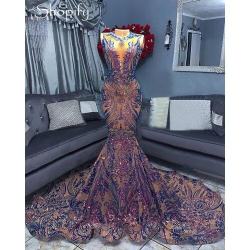 Sparkly Long Prom Dresses 2021 Sexy Mermaid Style Sequin African Women Black Girls Gala Celebrity Prom Party Night Gowns
