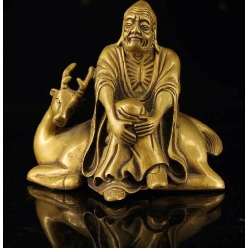 Chinese Old copper handmade Lucky deer Longevity old man Home decoration