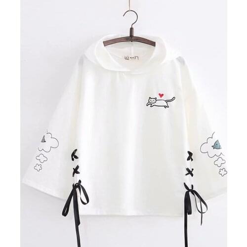 Korean Japan Style Mori Girl Lace Up Hoodies Teen Girls Cute Anime Cat Womens Long Sleeve Sweatshirt Kawaii Graphic Hoodie