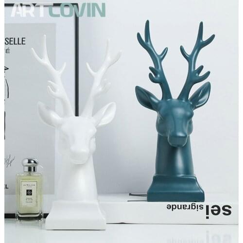 Fashion Ceramic Deer Head Statues Matte White Figurines Animal Bookend Porcelain Arts Craft Home Bookshelf Cabinet Decorations