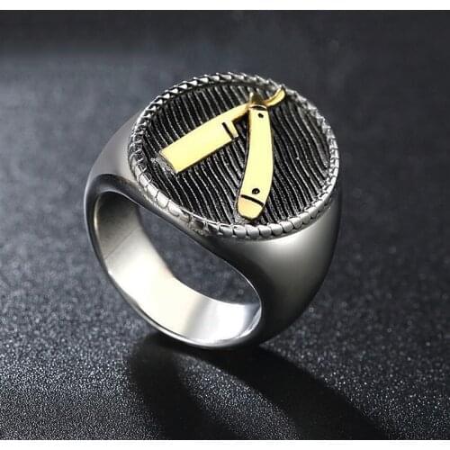 Heavy Sugar Barber Knife Ring Men Gold/Silver Color Stainless Steel Razor Signet Ring Male Cool Punk Style Barber Jewlery