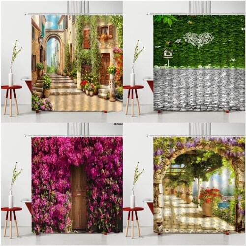 Garden Flower Plant Shower Curtains Green Vine Red Floral Street View Building Landscape Home Bath Decor Bathroom Accessories