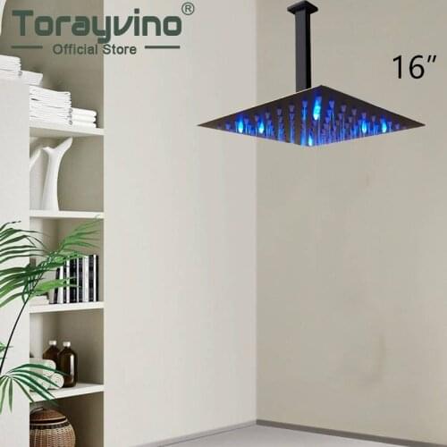Bathroom Led 16" Square Shower Head With Tube Set Ceiling Mount Matte Black Ducha De Colores Shower Top Rainfall Spray Mixer Tap